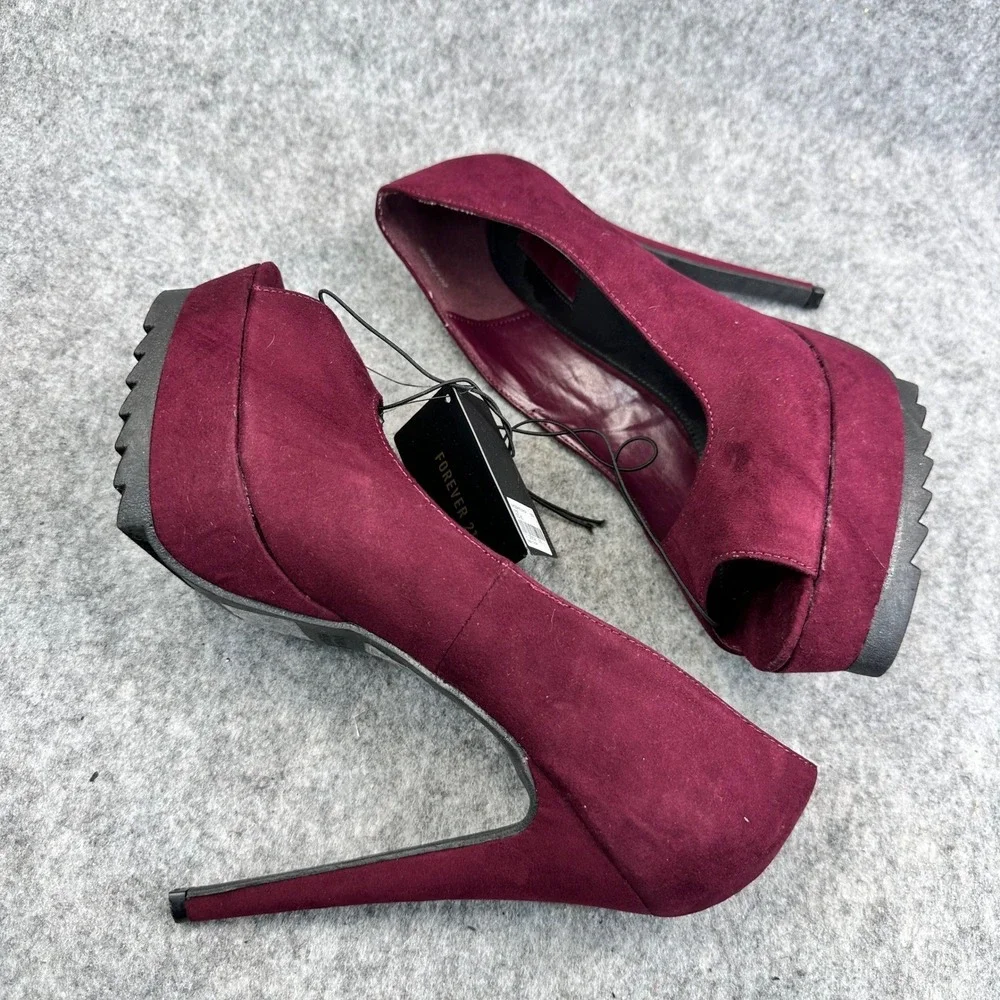 Forever 21 Womens Size 8.5 Heels Wine Faux Suede Peep Toe Platform Stilleto New